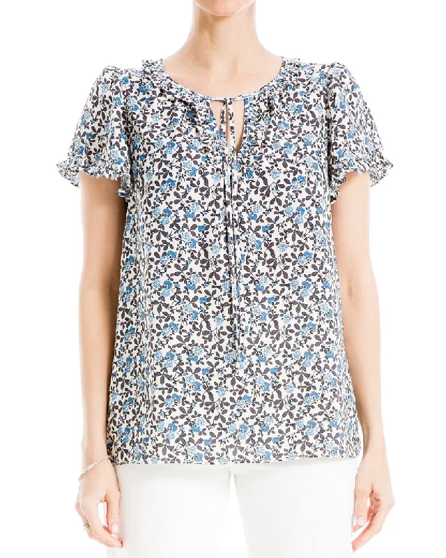 Vibrant Prints Max Studio Flutter Sleeve Ruffle Detail V-Neck Blouse