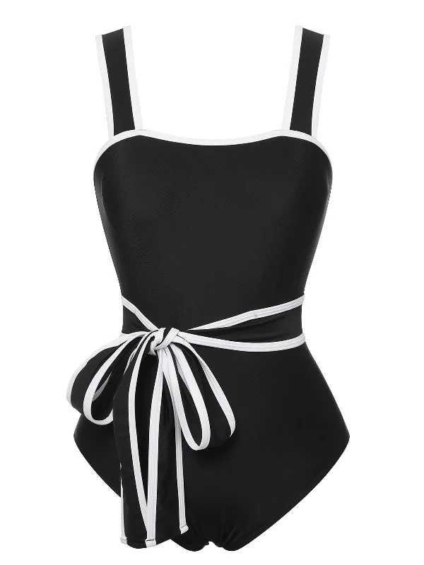 Bold Silhouette Black & White 1950s Wide Strap One-Piece Swimsuit