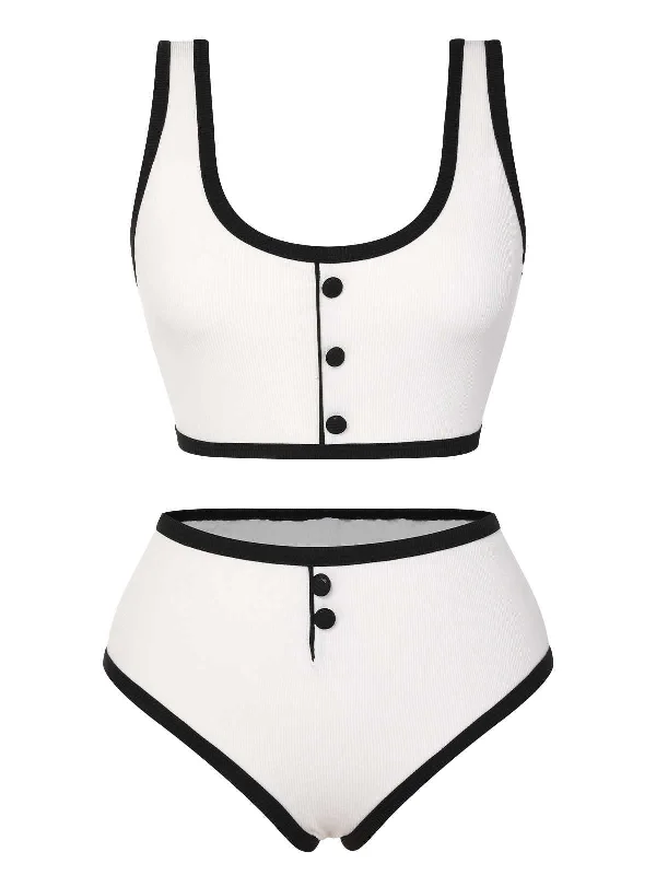 Chic Style, Always In Vogue White 1930s Knit Contrast Swimsuit