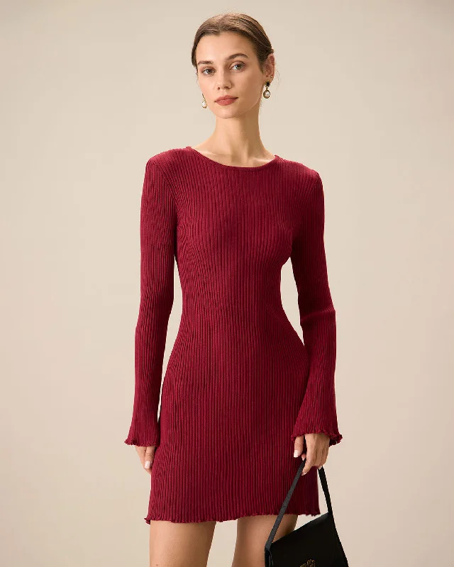 Seasonal Picks Women's Red Bell Sleeve Bodycon Sweater Dress