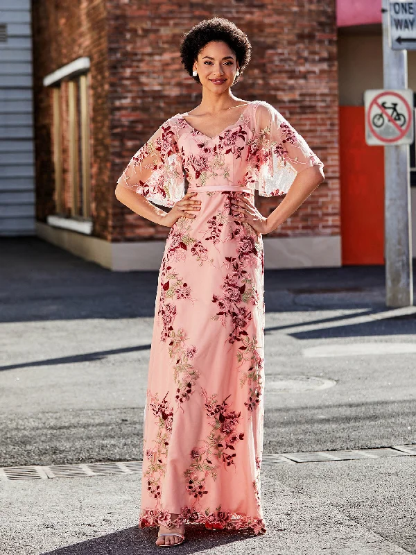 High End Women's Wear Half Sleeve Flower Applique Tulle Gown As Picture