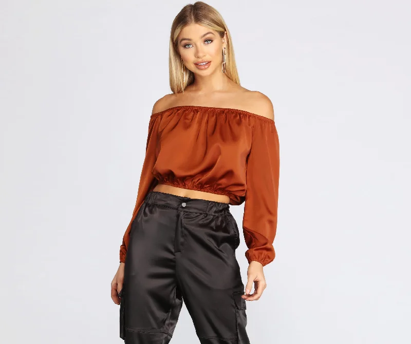 Limited Time Offer She's A Romantic Satin Off-Shoulder Blouse