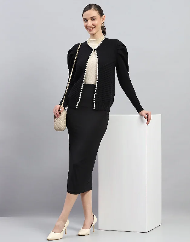 Minimalist Office - Ready Style Women Black Self Design V Neck Full Sleeve Cardigan