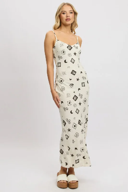 Budget-Friendly Fashion Beige Abstract Maxi Dress Bias Cut Linen Blend