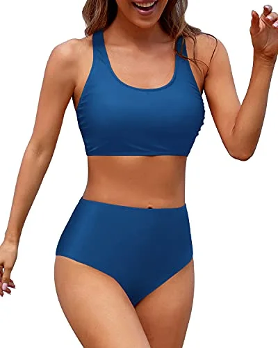Hot Picks Sporty Criss Cross Back Two Piece Bikini Sports Crop Top Swimsuit-Blue