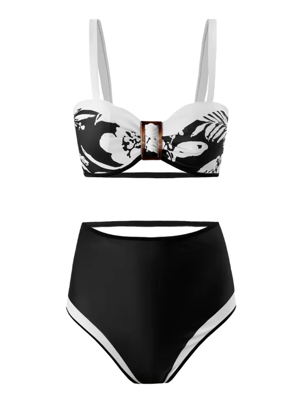 Snag Fabulous Fashion Bargains 1940s Floral Contrast Patchwork Strap Swimsuit
