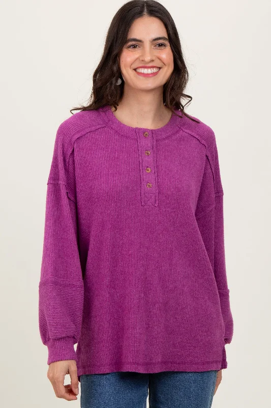 Last Chance Sale Plum Oversized Ribbed Knit Henley Sweater