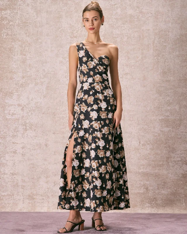 Limited Time Deal The Black One Shoulder Floral Maxi Dress