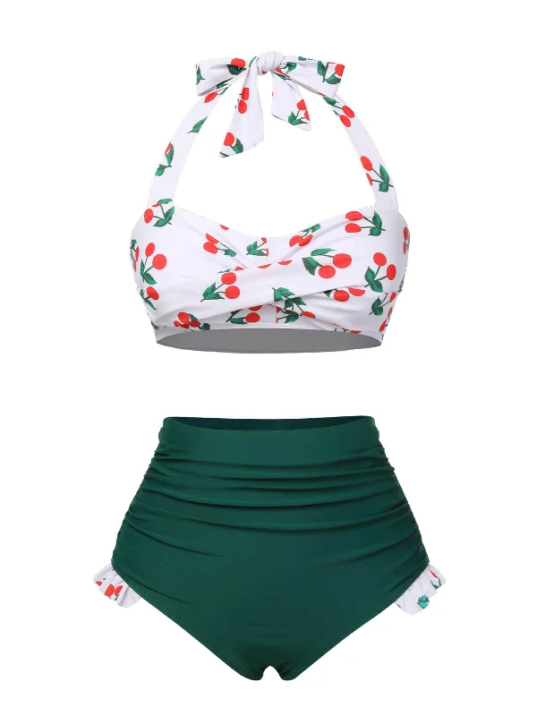 Best Seller Green & White 1960s Cherry Halter Swimsuit