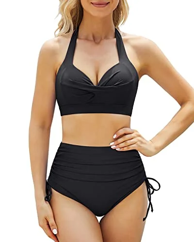 Fashion Forward Two Piece Retro Halter Tummy Control High Waisted Bikini For Women-Black Fashion Forward Two Piece Retro Halter Tummy Control High Waisted Bikini For Women-Black