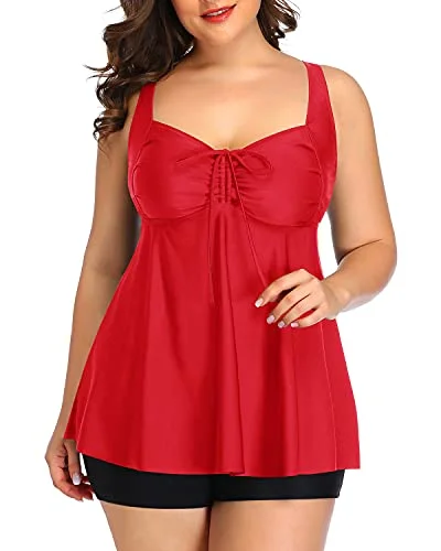 Fashion Forward Women's Tie Knot Bow Adjustable Plus Size Tankini Bathing Suits-Neon Red