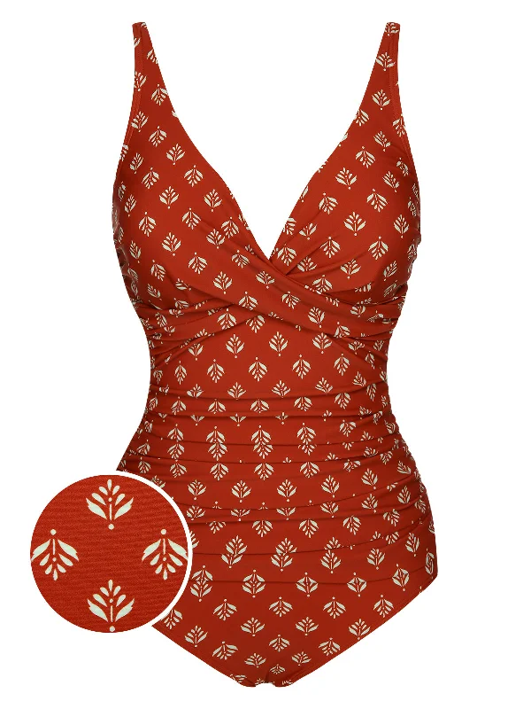 Huge Price Cut Fire Brick Red 1940s Leaves V-Neck Swimsuit