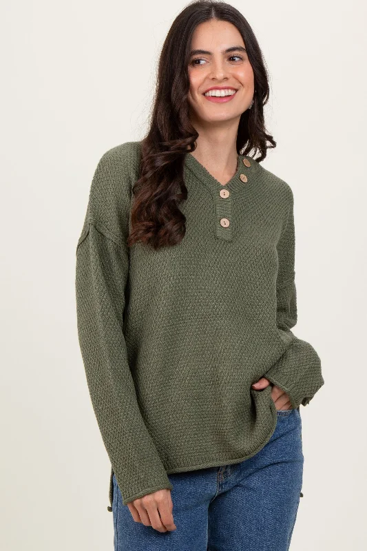 Stylish Statements Light Olive Diamond Knit Button Detail Sweater