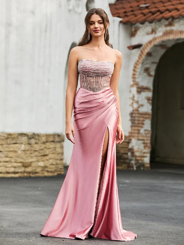 Polished Finish Diamond Corset Satin Maxi Dress Dusty Rose