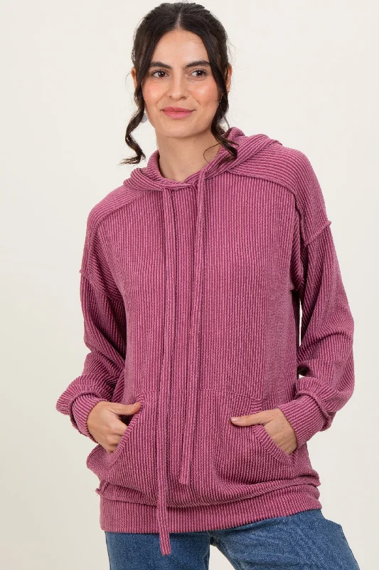 Clearance Event Mauve Ribbed Front Pocket Drawstring Hoodie