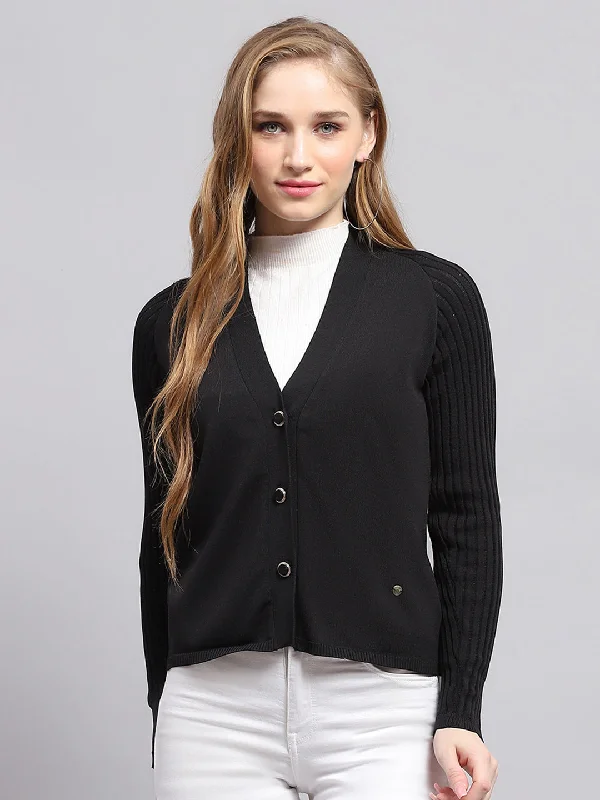 Trendy Women's Wear Collection Women Black Solid V Neck Full Sleeve Cardigan