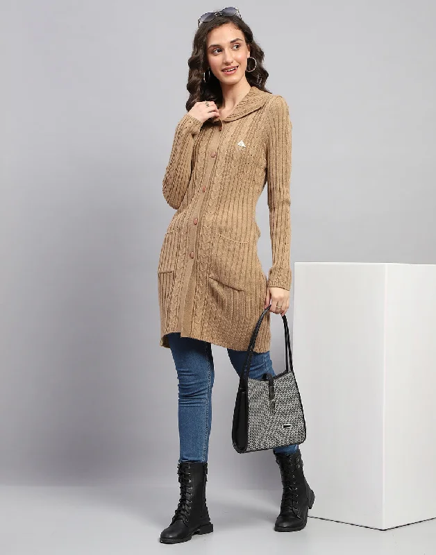 Fresh Styles, Fresh Deals Women Brown Self Design Collar Full Sleeve Cardigan