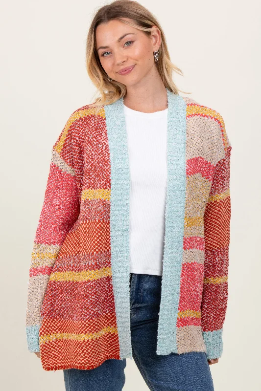 Trendy Street Style Orange Colorblock Stripe Oversized Open Cardigan