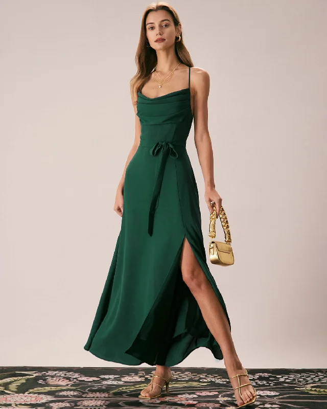 Seasonal Sale Green Cowl Neck Cutout Back Maxi Dress