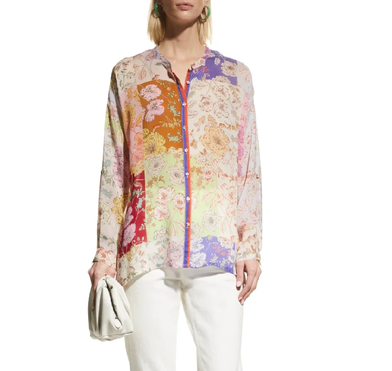 Break Fashion Norms Johnny Was Womens Blouse Cosmo Lauren Floral-Print Patchwork Top