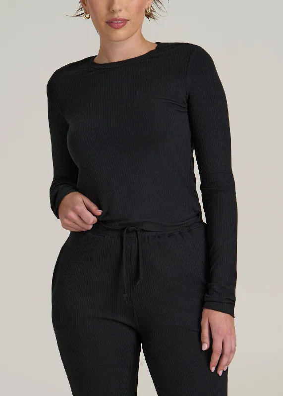 Stylish Savings Lightweight Ribbed Cropped Lounge Shirt for Tall Women in Black