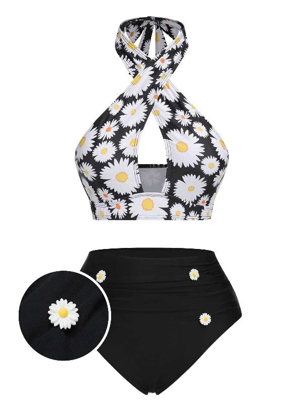 Style Upgrade Black 1950s Daisy Cross Strap Swimsuit