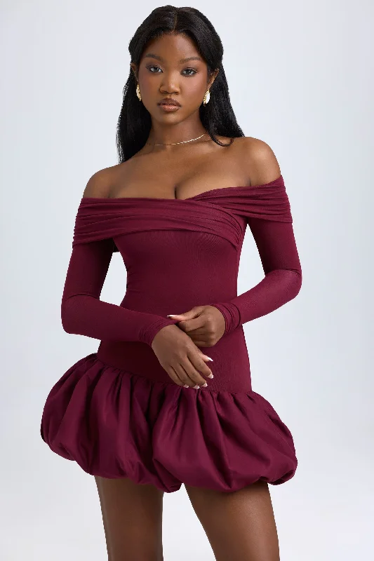 Cutting Edge Fashion Modal Off-Shoulder Bubble Hem Mini Dress in Wine Red