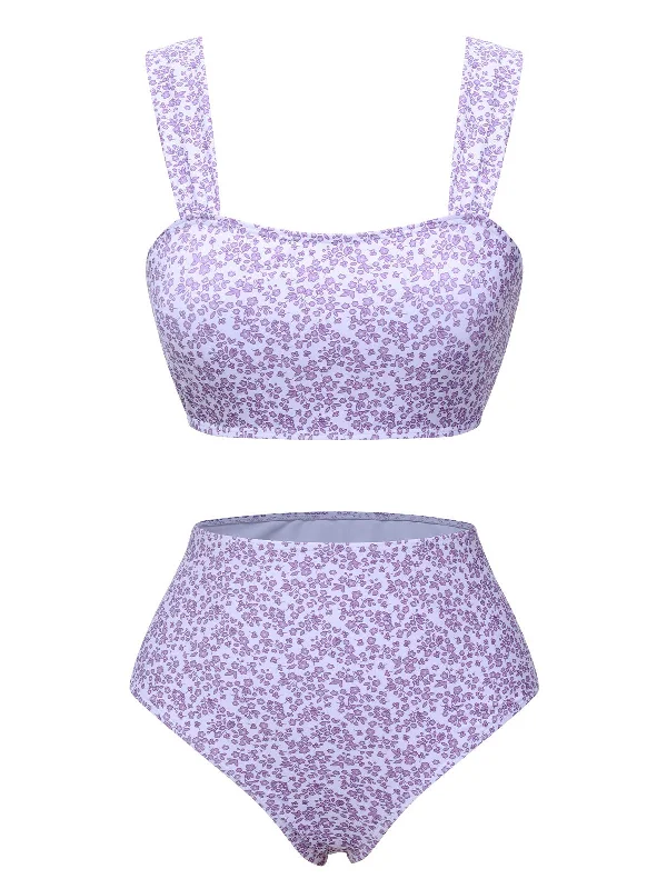 Seasonal Trend Lavender 1950s Floral Wide Strap Swimsuit