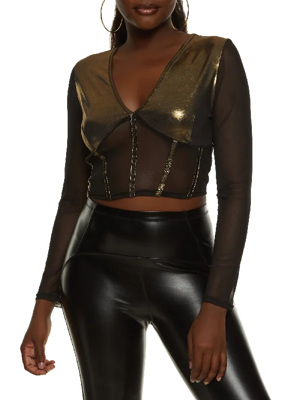 Fashion Forward Foiled Mesh Detail Bustier Top
