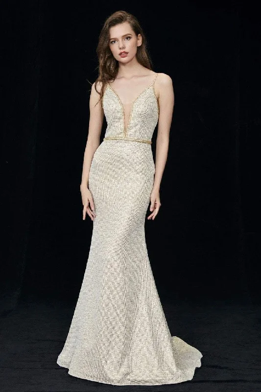 Fashionista Favorites Angela & Alison - Plunging Neck Adorned Sweep Train Dress 81086SC