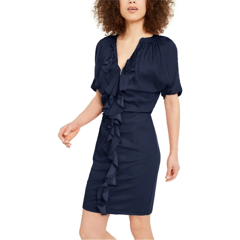 Flash Sale, Don't Miss I-N-C Womens Zip Front Mixed Media Ruffled Dress, Blue, Large