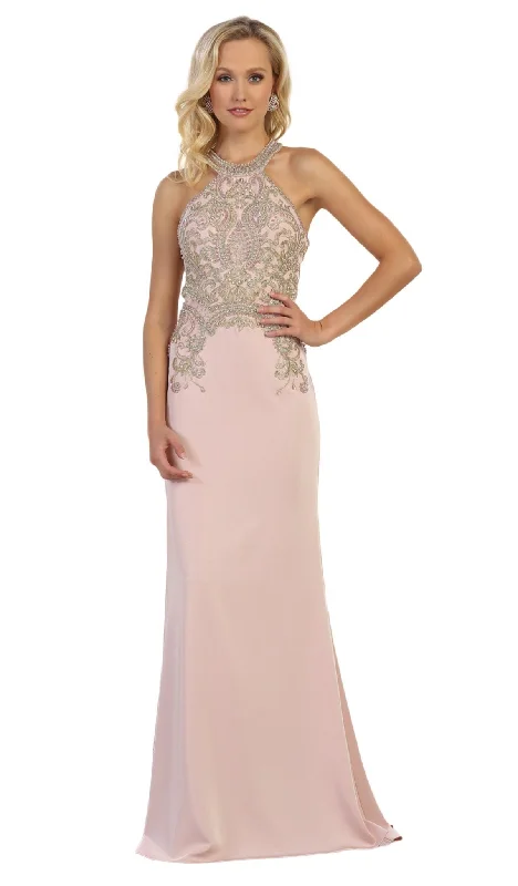 Women's Tailored Outfit May Queen - MQ1538SC Appliqued Halter Neck Cutout Back Trumpet Dress