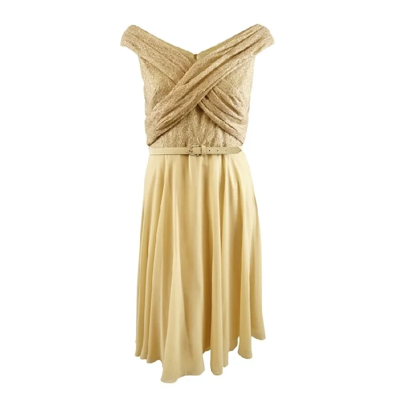 Free Spirited Fashion Lauren Ralph Lauren Women's Off-the-Shoulder Sequined Dress (16, Pale Parchment)
