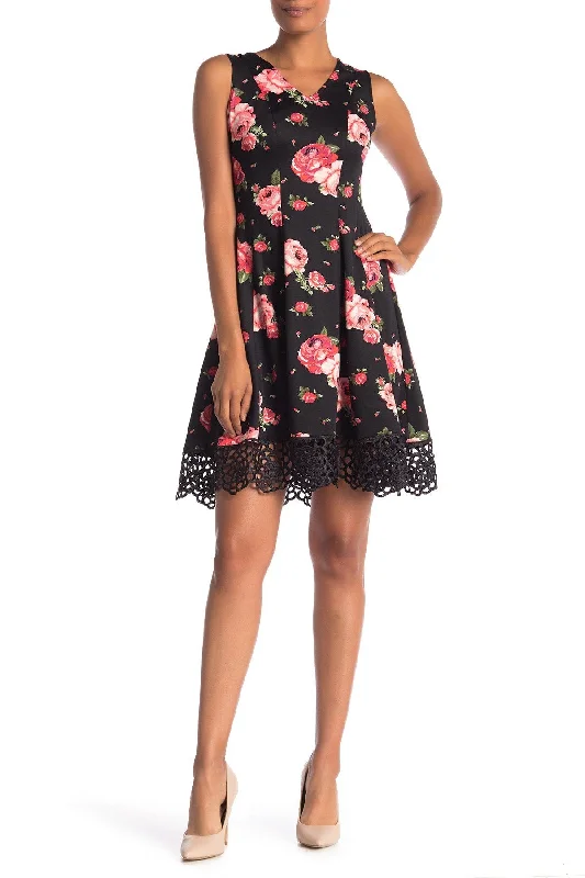 Casual Clothing For Women Donna Ricco - Crochet Hem Floral Print V Neck Flared Dress DR50925SC Casual Clothing For Women Donna Ricco - Crochet Hem Floral Print V Neck Flared Dress DR50925SC