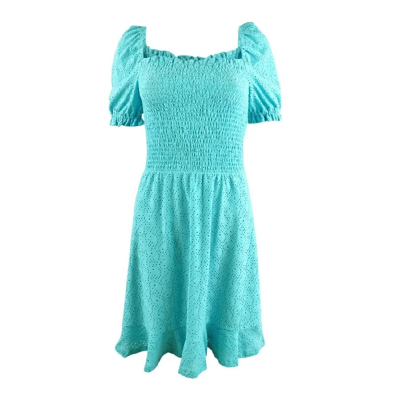 Hot Trends MICHAEL Michael Kors Women's Eyelet Smocked Peasant Dress (S, Turquoise)