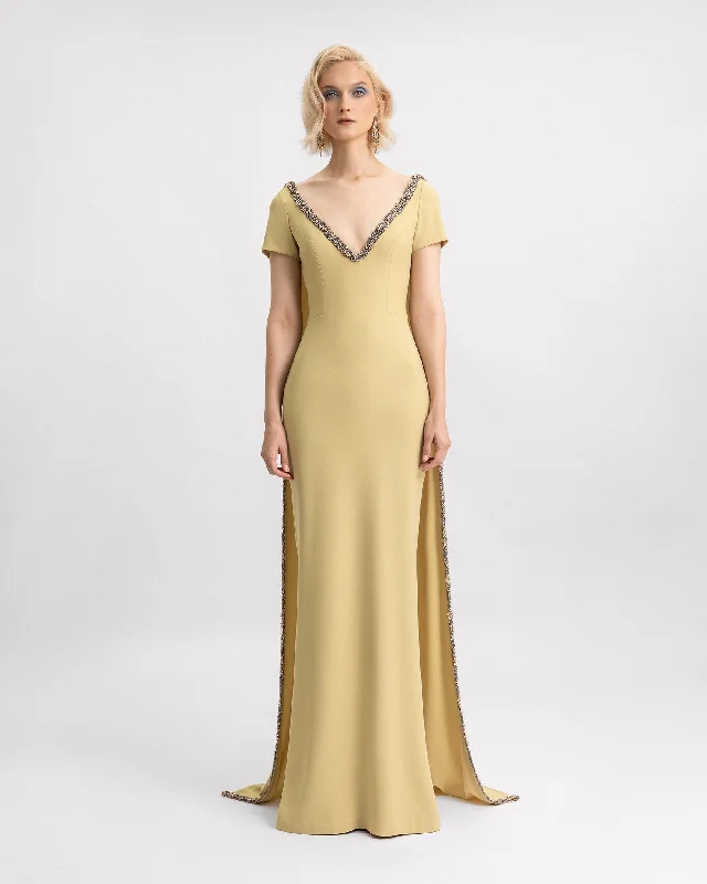 Stylish Everyday Clothing Beaded V-Neckline Dress with Cape