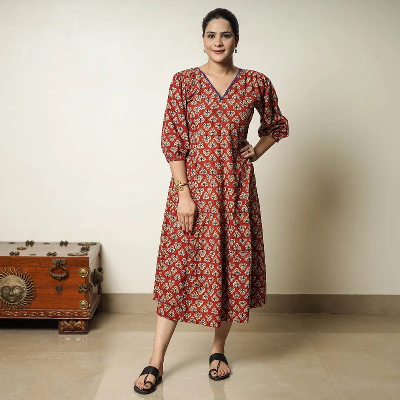 Bold Patterns Red - Bagru Block Printed Cotton Flared Dress 04