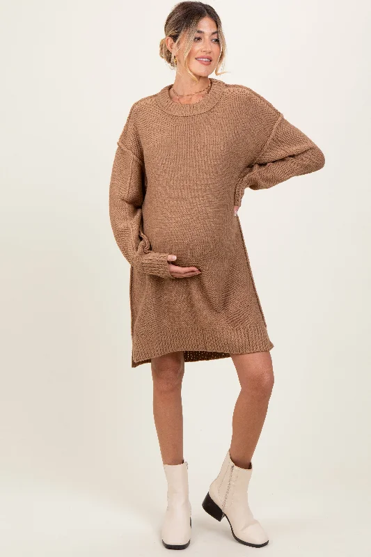 Holiday Glam Mocha Exposed Seam Oversized Maternity Sweater Dress